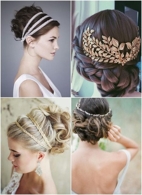 greek style wedding hairstyle and accessories ideas Greece Goddess Hairstyle, Greek Style Hair Wedding, Grecian Wedding Hairstyles, Greek Style Hairstyle, Greek Wedding Veil, Greek Updo Hairstyles, Greek Goddess Wedding Hair, Greek Wedding Hairstyles, Wedding Greek Style