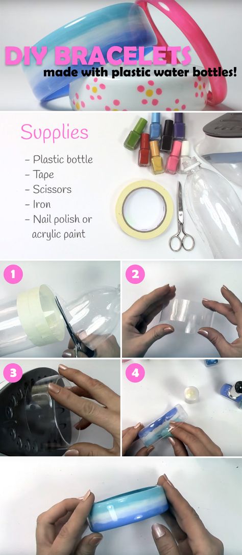 DIY Bracelets Made by Upcycling Plastic Water Bottles. Upcycled Water Bottles, Water Bottle Accessories Diy, Recycled Accessories Diy, Plastic Bottle Bracelet, Craft With Water Bottles, Upcycled Plastic Bottles, Craft Ideas With Plastic Bottles, Plastic Water Bottle Crafts Diy, Water Bottle Bracelets