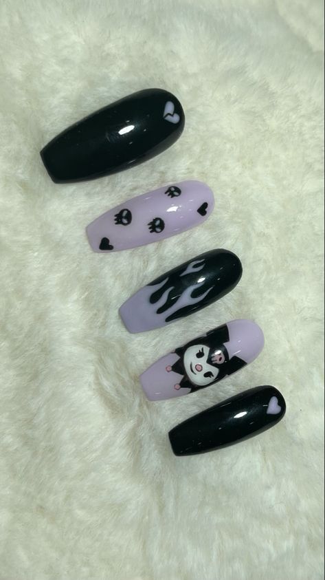 Sanrio Nail Art Kuromi, Kuromi Nails Simple, Kuromi Nail Designs, Kuromi Acrylic Nails, Kuromi Nails Acrylic, Kuromi Nail Art, Nails Kuromi, Kuromi Nails, Fake Nails Designs