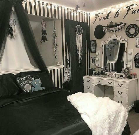 This is an awesome gothic style bedroom! #gothic #gothicbedroom #gothicbedroomdecor #gothichomedecor #gothicstylebedroom Teenage Goth Bedroom, Goth Room White Furniture, White Goth Room, Black And White Girls Room, Gothic Room Ideas, Dre Ronayne, Gothic Bedrooms, Goth Bedroom Ideas, Slytherin Room