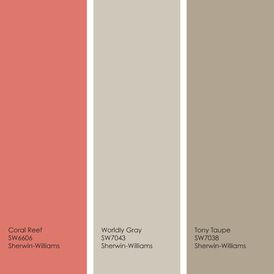 Colour palate: coral reef, worldly gray, tony taupe. Coral Bedroom, Worldly Gray, Coral Accents, Neutral Paint Colors, House Color, Neutral Paint, Interior Painting, Color Palate, Interior Paint Colors