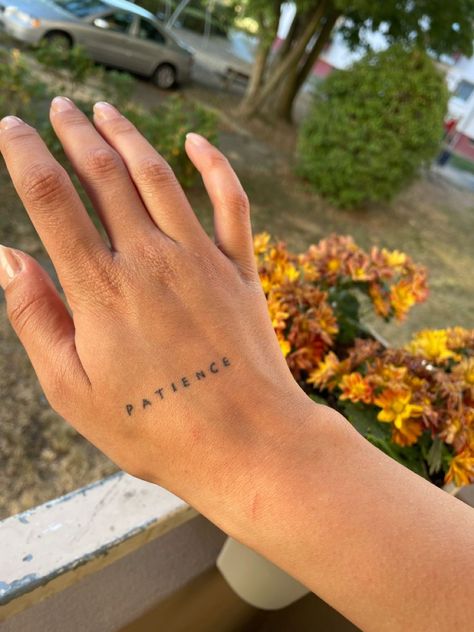 Patience Tattoo On Hand, Patchwork Tattoo Ideas Christian, Patience Symbol Tattoo, Patience Hand Tattoo, Rejoice Tattoo, Patience Tattoo Fonts, Christian Patchwork Tattoo, Patience Tattoo Ideas, Hand Written Tattoos