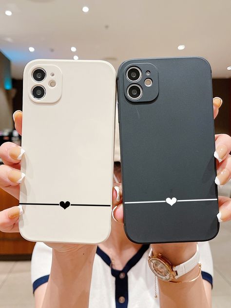 Black and White  Collar  TPU Heart Phone Cases Embellished   Cell Phones & Accessories Couple Mobile Covers, Matching Phone Cases Aesthetic, Couple Phone Cases Aesthetic, Matching Phone Cases For Couples, Cute Phone Cases Aesthetic, Matching Iphone Case, Case Iphone Couple, Korean Phone Cases, Phone Cases Aesthetic