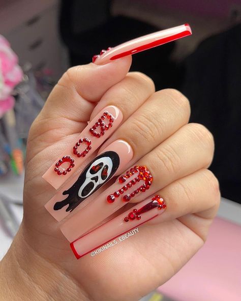 How To Be Pretty, Pink Halloween Nails, Ghost Nails, Blood Nails, Horror Nails, Holloween Nails, Get Ready For Halloween, Halloween Acrylic Nails, Long Acrylic Nail Designs