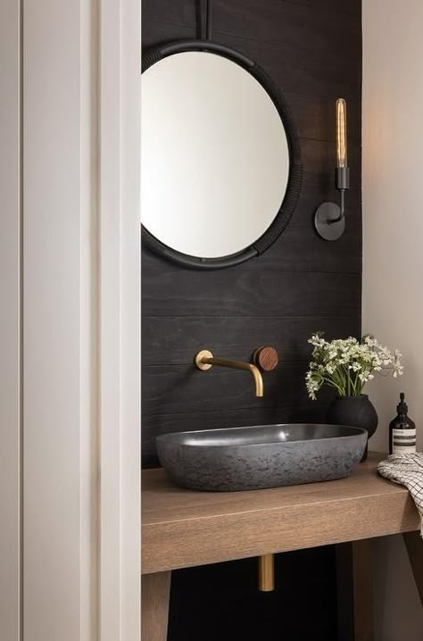 Small Powder Room Nook with Black Vessel Sink - Transitional - Bathroom Black Half Bathroom Modern, Powder Room Bowl Sink, Modern Bathroom Design Half Bath, Black Vessel Sink Bathroom Ideas, Powder Room Vessel Sink, Oak Accent Wall, Black Half Bathroom, Black Vessel Sink, Modern Farmhouse Powder Room