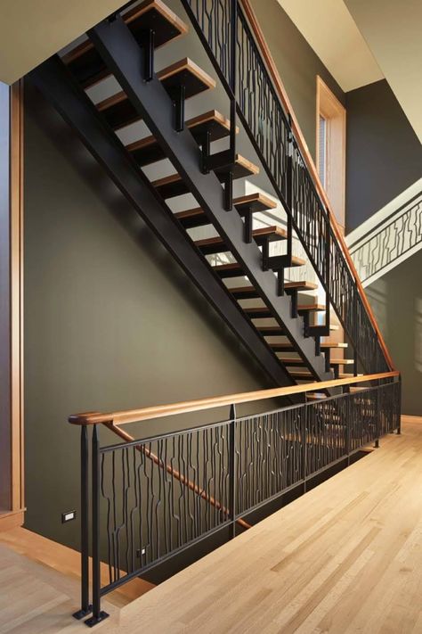 Fascinating energy efficient home overlooking Puget Sound درابزين السلم, Wood Handrail, Floor Living, Stair Rail, Escalier Design, Stair Railing Design, Steel Stairs, Open Staircase, Wood Staircase