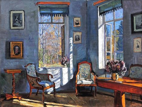 Zhukovsky Stanislav Yulianovich. Russian 1873-1944. Autumn. 1918 Through The Window Painting, Painting Of Room, Painting Of A Room, Interior Paintings, Blue Room, 수채화 그림, Bathroom Windows, Arte Inspo, Window Art