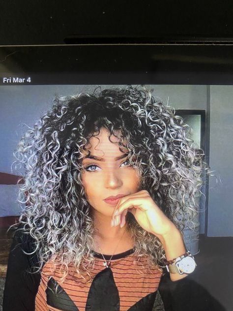 Black Hair With Platinum Highlights Curly Hair, Silver Highlights On Brown Curly Hair, Black With Silver Highlights Short, Grey Balayage Curly Hair, Grey And Black Curly Hair, White Highlights Curly Hair, Silver Curly Hair, Grey Ombre Curly Hair, Black And White Curly Hair