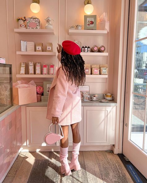 Chazlyn🎀| College Blogger on Instagram: “Time for tea🫖🍰🩰 @sweetlaurelbakery Outfit details: Sweater: @j.ing_official Pink boots: @stevemadden Coat: old @forever21 Heart…” Coquette Outfit Ideas, Winter Tea Party, Black Coquette, Cottage Fairy, Fashion Rules, Vetements Clothing, Celebrity Closet, Pink Corset, Cozy Knit Sweater