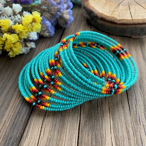 Memory Wire Blue Red Seed Bead Bracelet Indigenous Bracelet - Etsy Canada Turquoise Wrap Bracelet, Western Turquoise, Memory Wire Wrap Bracelets, Beaded Memory Wire Bracelets, Country Jewelry, Beaded Memory Wire, Beaded Jewlery, Seed Bead Bracelet, Beads Bracelet Design