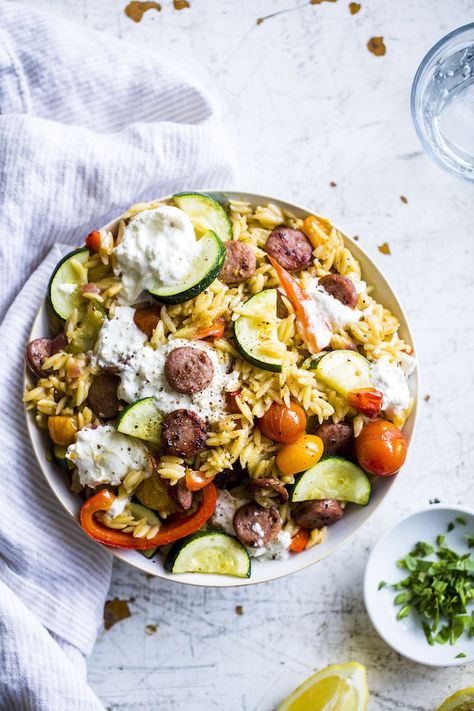 Lemon Orzo Salad with burrata and sausage--ready in under 30 minutes! Orzo Sausage, Orzo Bowl, Healthy Summer Dinner, Lemon Orzo Salad, Sausage Salad, Lemon Orzo, How To Cook Orzo, Best Pasta Salad, Orzo Salad