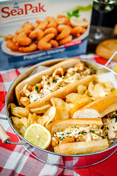 Popcorn Shrimp Po Boys Recipe with Remoulade Coleslaw - {Msg 4 21+} Easy dinner twist on classic New Orleans' sandwich recipe. Ready in 10 minutes with tons of flavor! | The Love Nerds AD #40PerfectPairings Popcorn Shrimp Meals Dinners, Recipes With Popcorn Shrimp, Popcorn Shrimp Meals, Popcorn Shrimp Recipe, Shrimp Po Boy Recipe, Shrimp Po Boy, Popcorn Shrimp, Easy Shrimp, Sandwich Recipe