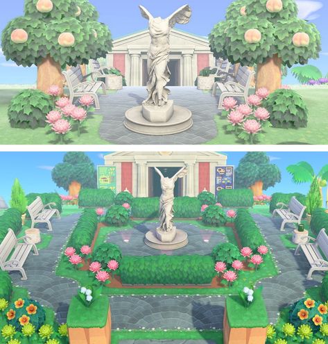 Acnh Museum Layout Ideas, Acnh English Garden, Acnh Town Hall Plaza Ideas, Acnh Fountain Garden, Acnh Museum Place, Animal Crossing Museum Entrance, Acnh Museum Entrance Ideas, Museum Entrance Animal Crossing, Animal Crossing Museum Ideas