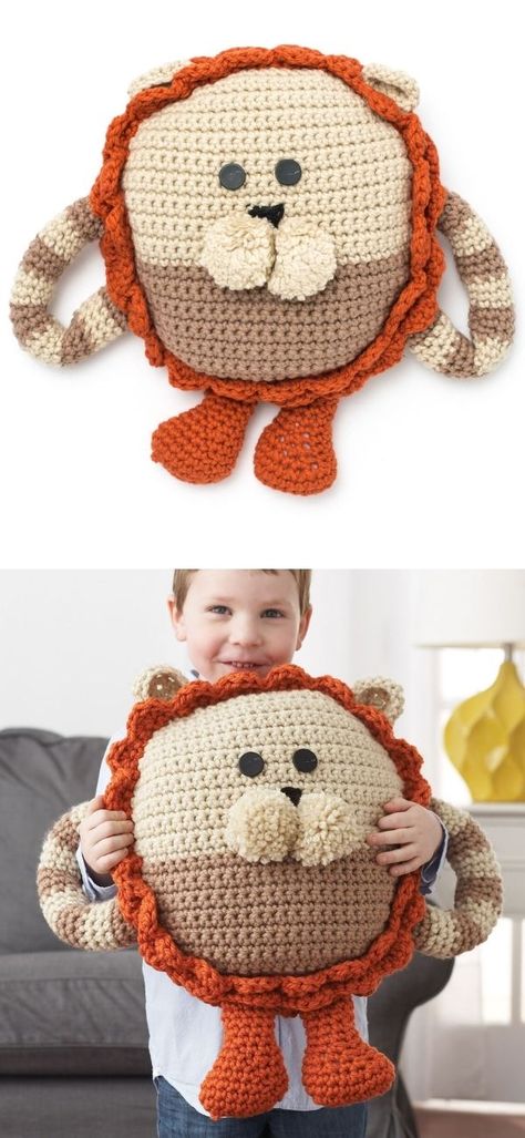 Free Crochet Pillow Patterns for Kids - Pattern Center Small Crochet Pillow Free Pattern, Animal Pillows Diy, Crochet Squishy, Free Crochet Pillow Patterns, Animal Pillows Pattern, Squishy Animals, Crochet Owl Pillows, Avocado Pillow, Lion Pillow