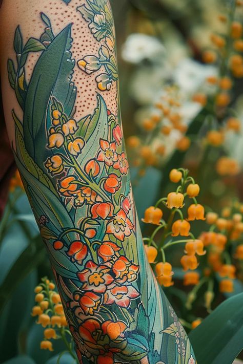 Meaning Of Lily Of The Valley Tattoo | 100+ Lily Tattoos – Flash Your Tat Grass And Flowers Tattoo, Plant Tattoos Color, Color Illustrative Tattoo, May Birth Flowers Tattoo, Fun Color Tattoos, Lillie’s Of The Valley Flowers, Poppy Flower Back Tattoo, Folk Art Tattoo Flash, Neotraditional Tattoo Art