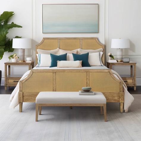 Martha Stewart Salina Woven Cane Queen Platform Bed - Bed Bath & Beyond - 40414463 Transitional Bed, Coastal Bedroom Furniture, Queen Platform Bed, Coastal Bedroom, Bedroom Retreat, Lily Pond, Elegant Bedroom, Platform Bed Frame, Headboard And Footboard