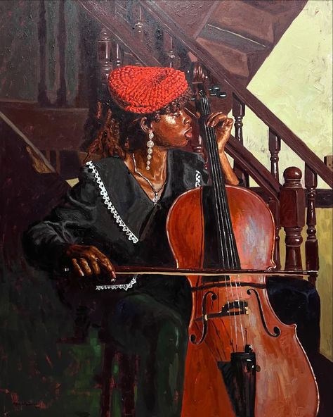 "The Cellist”  Acrylic on canvas  48in x 60in  2024  Artist: John Akande @akandejjohn  #johnakande Art By Black Artists, Stella Art, American Impressionism, Art Articles, Contemporary African Art, Black Art Painting, Afrocentric Art, Meaningful Art, Pop Culture Art