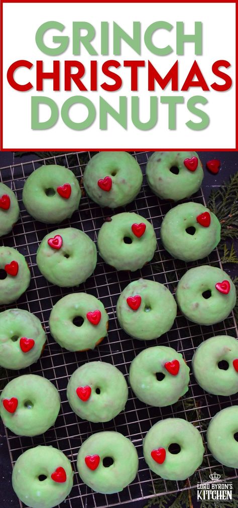 Grinch-themed confections are very popular at Christmastime, especially with kids! But even the adults will love these Grinch Christmas Donuts! Prepared with a baked basic donut recipe, these are dipped in green icing and despite the fact that the Grinch’s heart was three sizes too small, I’ve used the biggest red candy heart I could find! #ginch #donuts Xmas Donuts Ideas, Grinchmas Breakfast Ideas, Grinch Cinnamon Rolls, Grinch Pizza, Grinch Cheesecake, Grinch Muffins, Grinch Breakfast Ideas, Basic Donut Recipe, Grinch Pancakes