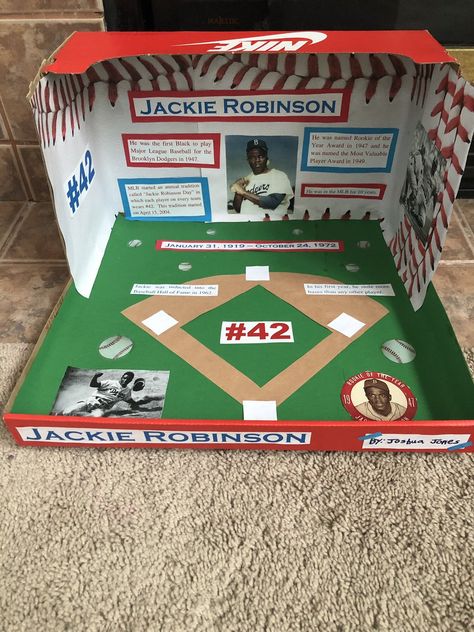 Shoebox Classroom Project, Baseball Projects For School, Baseball Science Fair Project, Baseball Experiments, Baseball Unit Study, Cereal Box Biography Project, Jackie Robinson Project, Wax Museum School Project, Black Month History