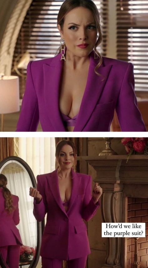 Dynasty Tv Show, Dynasty Closet, Liz Gilles, Dynasty Outfits, Fallon Carrington, Queen Liz, Purple Blazer, Liz Gillies, Purple Suits