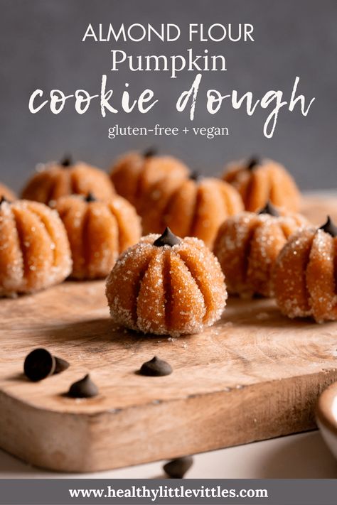 Sugared Almond Flour Pumpkin Cookie Dough Bites - Healthy Little Vittles Protein Cookie Dough Bites, Pumpkin Cookie Dough, Almond Flour Pumpkin, Peanut Butter Maple Syrup, Gluten Free Pumpkin Cookies, Pumpkin Shaped Cookies, Gf Meals, Almond Butter Cookies, Almond Flour Cookies