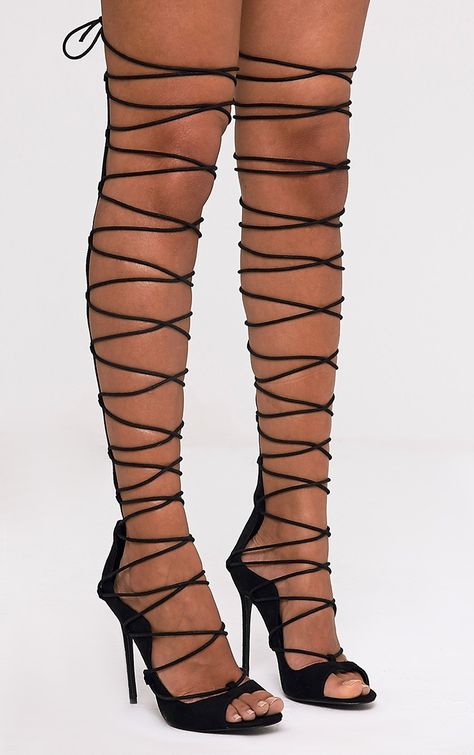 Colleen Black Thigh High Lace Up Heeled Sandals Image 3 Thigh High Strappy Heels, Thigh High Shoes, Thigh High Sandals, Laced Up Heels, Vampire Ball, Black Lace Shoes, Dress Boots Women, Black Lace Up Shoes, Thigh High Heels