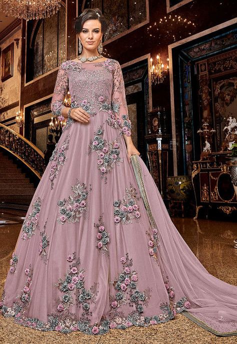 Embroidered Net Abaya Style Suit in Light Purple Bridal Anarkali, Suits Accessories, Net Gowns, Suits Punjabi, Punjabi Salwar, Gown Party Wear, Kameez Designs, Abaya Style, Designer Anarkali