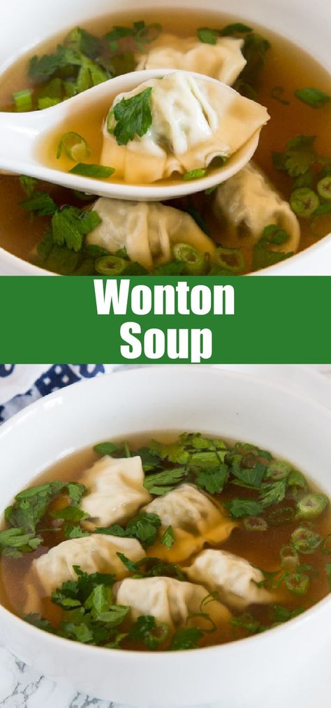 Wonton Soup Recipe - an easy homemade soup with an Asian inspired broth and soft and delicious wontons. Ready in 20 minutes and great for busy weeknights! Easy Wonton Soup, Homemade Wonton Soup, Easy Homemade Soups, Wonton Soup Recipe, Asian Soup Recipes, Quick Soup Recipes, Quick Soup, Soups Stews Chilis, Asian Soup