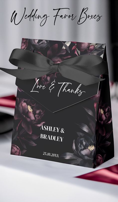 Dark moody burgundy flowers wedding favors personalized template favor box black themed wedding box Moody Wedding Favors, Dark Wedding Favors, Moody Wedding Invitations, Gothic Wedding Theme, Black And White Wedding Theme, White Wedding Theme, Dark Wedding, Moody Wedding, Burgundy Flowers