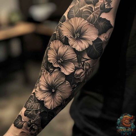 Coverup Tattoo Ideas Black Women, Half Leg Tattoo Men Sleeve, Jungle Sleeve, Cover Up Sleeve, Flower Tattoo Sleeve Men, Morning Glory Tattoo, Hawaiian Flower Tattoos, Botanical Tattoos, Totem Tattoo