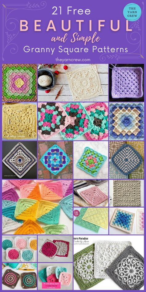 These beautiful & simple granny squares are perfect for a beginner project or a last minute projects. Choose your favorite and make something beautiful. #crochet #crochetpatterns #freecrochetpatterns #crochetprojects #crochetgrannysquares Free Easy Crochet Patterns For Beginners Simple Granny Squares, Simple Granny Square, Crochet Granny Square Beginner, Rose Granny Square, Granny Square Patterns, Granny Square Pattern Free, Granny Square Projects, Crochet Squares Afghan, How To Make Rose