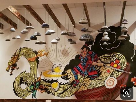 Japanese Mural Restaurant, Japanese Mural, Japanese Restaurant Interior, Japanese Restaurant Design, Ramen Bowls, Design Thinking Process, Graffiti Tattoo, Ramen Shop, Shop Front Signage