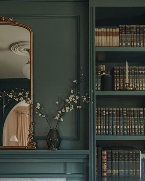 Julian Street - Victorian - Living Room - Denver - by J Reiko Design + Co. | Houzz Bookshelf Fireplace Wall, Bookshelf Next To Fireplace, Historic Fireplace, Moody Library, Bookshelf Fireplace, Dark Blue Rooms, Library With Fireplace, Library Fireplace, Fireplace Bookshelves