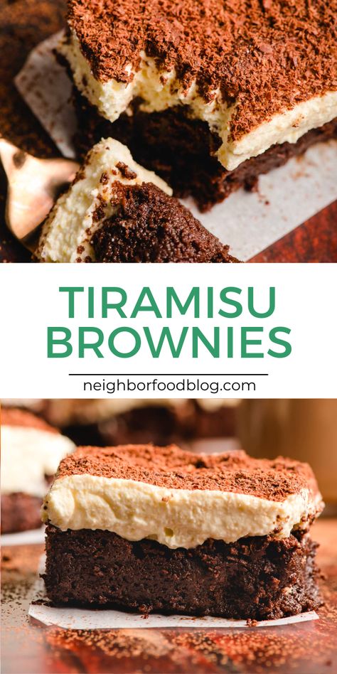 Rich chocolate brownies are topped with a creamy whipped mascarpone filling and sprinkle of cocoa powder to make these Tiramisu Brownnies. You'll love this mashup of two favorite desserts! Tirimasu Brownie, Tiramisu Fudge Recipe, Tiramisu Dessert Ideas, Easy Summer Cakes, Tiramisu Brownies Recipe, Marscapone Recipes Desserts, Tiramisu Bars, Tiramisu Dessert Recipes, Mascarpone Recipes Dessert