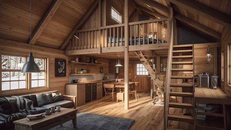 12+ Must-See Open Concept Small Cabin Loft Ideas for Maximum Space • 333+ Images • [ArtFacade] Cabin Loft Ideas, Small Cabin Loft, Small Cabin Plans With Loft, Storage Tiny House, Small Cabin With Loft, Small House Remodel, Lofted Barn Cabin, Kitchen Tiny, Tiny Home Living