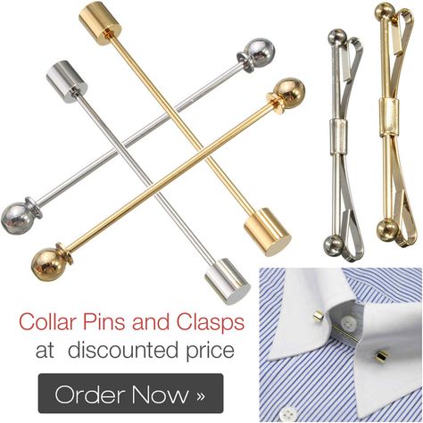 Dress shirts with holes in spread collars for collar pin bar makes a perfect choice for stylish persons. Order yours today! Collar Bars For Men, Collar Pins For Men, Dress Shirts Men, Shirts With Holes, Pin Collar Shirt, Mens Dress Hats, Shirt Collar Pins, Dapper Outfit, Collar Bar