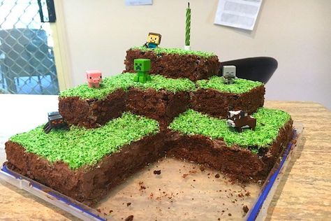 Minecraft Grass Block Cake, Minecraft Brownies, Easy Cake Decorating Ideas, Cute Birthday Cake, Minecraft Birthday Cake, Teen Cakes, Twins Cake, Minecraft Blocks, Homemade Breads