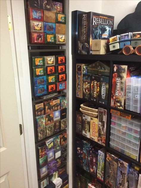 Game room storage (MtG decks in cubes from container store) Magic The Gathering Display, Magic The Gathering Room, Game Room Organization, Game Room Storage, Kool Deck, Wall Panels Ideas, Deck Of Many Things, Game Room Ideas, Board Game Room