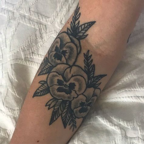 Pansie Tattoo Black And White, Pansies Tattoo Traditional, American Traditional Pansy Tattoo, Art Nouveau Pansy, Pansy Tattoo Traditional, Pansy Flowers Tattoo, Pansie Tattoo, Pansy Tattoos, Pansy Tattoo