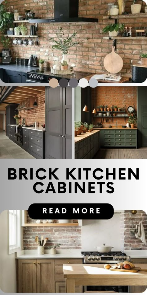 Dive into the world of creative kitchen design by blending brick backsplashes with your kitchen cabinets Brick Backsplash With Black Countertops, Brick Backsplash Kitchen White Cabinets Black Counter, Kitchens With Brick Walls, Red Brick Kitchen Backsplash, Kitchens With Brick Backsplash, Red Brick Backsplash Kitchen, Dark Cabinets Brick Backsplash, Kitchen Brick Backsplash, Brick Backsplash Kitchen Dark Cabinets