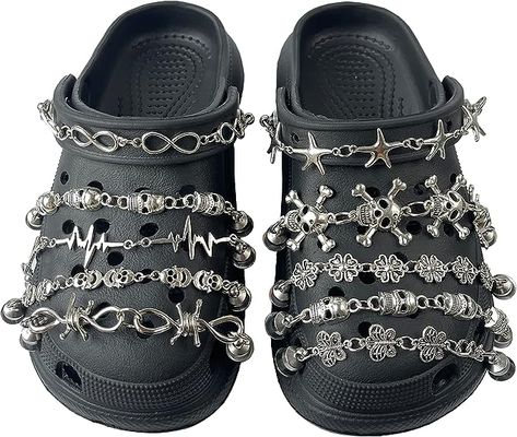 Amazon.com: DEVOUEX 10Pcs Goth Croc Chains Spikes, Cross Punk Rivets Shoe Charms, Silver Metal Shoe Chains Emo Accessories Y2K Shoe Charms for Women Girls Men DIY Clog Sandals Goth Accessories Shoe Decoration : Clothing, Shoes & Jewelry Croc Design Ideas, Goth Crocs, Santa Buddies, Shoe Chains, Croc Accessories, Emo Accessories, Accessories Y2k, Accessories Goth, Goth Shoes