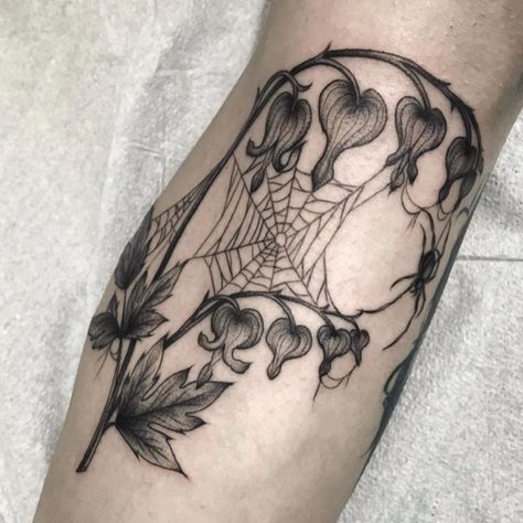 Spooky Tattoos Thigh, Gothic Upper Arm Tattoo, Spooky Underbust Tattoo, Spooky Arm Sleeve, Goth Garden Tattoo, Coraline Flowers Tattoo, Spooky Filler Tattoo Ideas, Wild Plant Tattoo, Spooky Cottagecore Tattoo