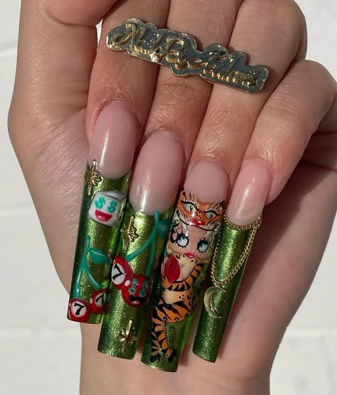 Hand Drawn Nail Art Acrylics Long, Long Unique Nails, Green Nails With Cherries, Hand Painted Acrylic Nails, Betty Boop Inspired Nails, Betty Boop Acrylic Nails, Betty Boop Long Hair, Nail Ideas Acrylic Long, Acrylic Nails Cherry