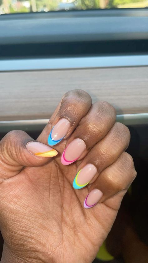 Multi Color Tips Nails, Multicolored French Tips, Multicolor French Tip Nails Almond, French Nails For Summer, Multi Colored French Tip Nails, Double French Tip Nails, Color French Nails, Double French Tip, Rainbow French Tip Nails