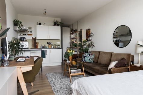 290-Square-Foot Amsterdam Studio Apartment Tour Photos | Apartment Therapy Interior For Studio Apartment, Studio Apartment Masculine, Studio Apartment Layout With Desk, Nordic Studio Apartment, Small Apartment Living Room With Desk, One Room Appartement, Studio Apartment Desk, Boho Small Apartment, Studio Apartment Inspiration