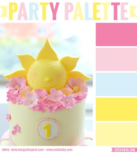 Party palette: Color inspiration for a "You Are My Sunshine" party #colorpalette Sunshine Birthday Cakes, Sunshine Birthday Theme, Party Palette, Sunshine Theme, Sun Cake, Sunshine First Birthday, Bday Decor, Sunshine Birthday Parties