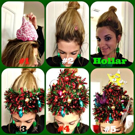 Whoville Costumes, Ugly Christmas Sweater Diy Funny, Christmas Sweaters Diy, Ugly Christmas Sweaters Diy, Ugly Sweater Ideas, Christmas Tree Hair, Christmas Tree Costume, Cheer Dress, Diy Christmas Sweater