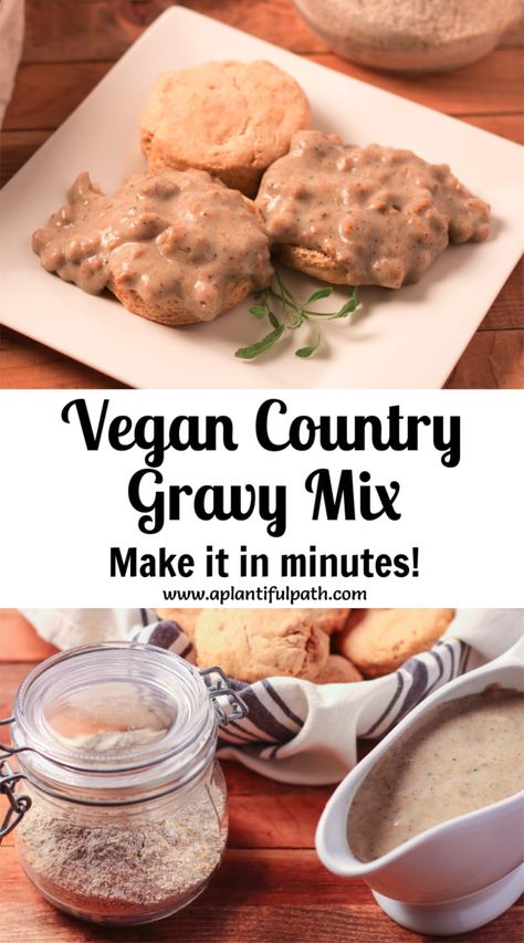 Mix up a batch of this Easy Vegan Sausage Gravy Mix and have luscious vegan country gravy in minutes. So delicious poured over your breakfast potatoes or tofu scramble! Or mix some vegan sausage into the gravy and pour over some biscuits. It would even be tasty over some mashed potatoes. You're going to love just how simple this is! Vegan Sausage Gravy, Vegan Biscuits And Gravy, Country Gravy Recipe, Biscuits Gravy, Oil Free Vegan Recipes, Vegan Gravy, Vegan Biscuits, Country Gravy, Tofu Scramble