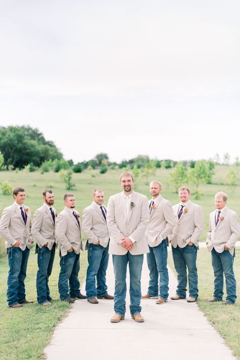 groomsmen with jeans and tan jackets | groomsmen with purple ties |  iowa wedding photographer | gigi boucher photography | groomsmen pose ideas Jeans For Groomsmen Wedding Attire, Tan Jacket And Jeans Groomsmen, Groom In Jeans And Jacket, Tan Groomsmen Attire With Jeans, Tan Suit Jacket With Jeans Wedding, Groom Attire Jeans And Jacket, Groomsmen Jeans And Jacket, Groomsmen With Jeans, Groom Jeans And Jacket