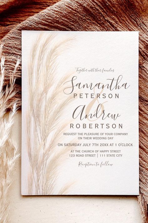 Boho summer pampas grass watercolor wedding invitation Grass Watercolor, Bohemian Invitation, Boho Wedding Invitation Template, Minimalist Background, Low Budget Wedding, Chic Invitation, Chic Wedding Invitations, Typography Wedding, Rustic Boho Wedding